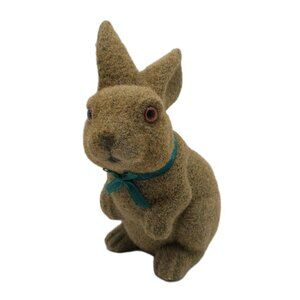 Easter Flocked Bunny Rabbit Fuzzy Brown 5" Figurine With Green Ribbon
